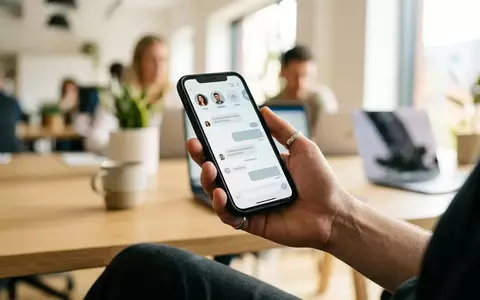 Nahaufnahme einer Hand, die ein Smartphone mit einer Messenger-App in einer hellen, professionellen Büroumgebung hält. - Foto: über boerse-global.de