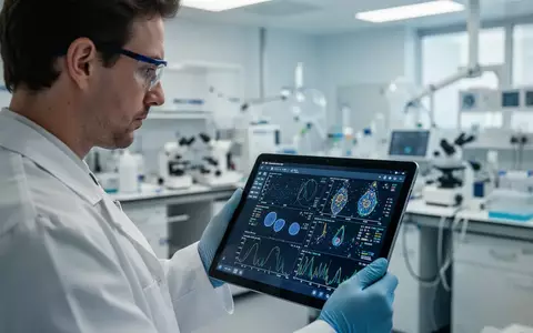Medizinischer Forscher betrachtet komplexe biologische Daten auf einem Tablet in einem modernen Labor. - Foto: über boerse-global.de