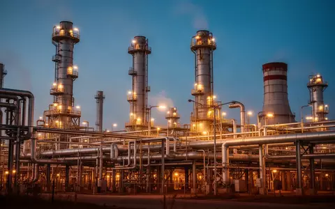 Industrielle Ölraffinerie bei Dämmerung mit warm beleuchteten Rohrsystemen und Kühltürmen. - Foto: über boerse-global.de