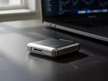 Eine Hardware-Krypto-Wallet liegt auf einem dunklen Schreibtisch neben einem Laptop, was die digitale Sicherheit symbolisiert. - Foto: über boerse-global.de