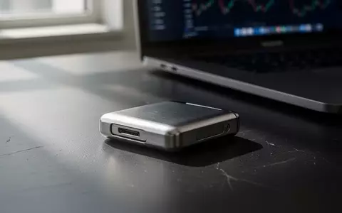 Eine Hardware-Krypto-Wallet liegt auf einem dunklen Schreibtisch neben einem Laptop, was die digitale Sicherheit symbolisiert. - Foto: über boerse-global.de