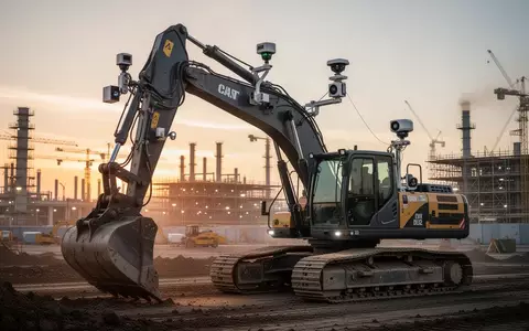 Ein autonomer Bagger mit moderner Sensortechnik arbeitet bei Dämmerung auf einer Baustelle. - Foto: über boerse-global.de