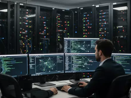 Ein IT-Sicherheitsexperte überwacht komplexe Netzwerkdaten auf mehreren Bildschirmen in einem dunklen Serverraum. - Foto: über boerse-global.de
