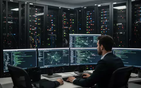 Ein IT-Sicherheitsexperte überwacht komplexe Netzwerkdaten auf mehreren Bildschirmen in einem dunklen Serverraum. - Foto: über boerse-global.de