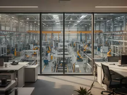 Ein Blick durch eine große Glasscheibe in eine moderne Industriehalle, die eine Arbeitsumgebung im Bereich der Energietechnik symbolisiert. - Foto: über boerse-global.de