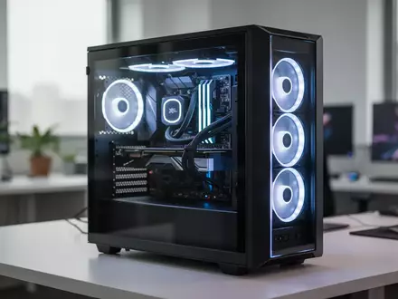 Ein moderner Gaming-PC auf einem Schreibtisch mit sichtbaren Komponenten und dezenter Innenbeleuchtung. - Foto: über boerse-global.de
