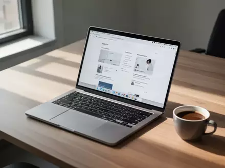 Ein minimalistischer Büroarbeitsplatz mit einem aufgeklappten Laptop auf einem Holztisch bei natürlichem Tageslicht. - Foto: über boerse-global.de