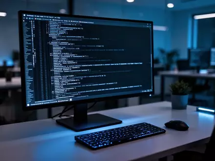 Ein beleuchteter Computerbildschirm mit einer Kommandozeile in einem abgedunkelten, modernen Büro. - Foto: über boerse-global.de