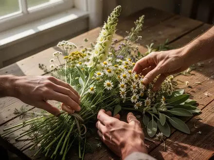 Hände binden einen traditionellen Kräuterbuschen aus verschiedenen Heilpflanzen und Wildblumen auf einem Holztisch. - Foto: über boerse-global.de
