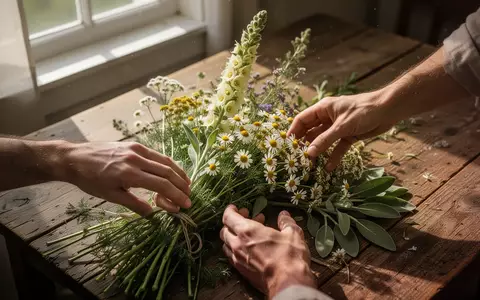 Hände binden einen traditionellen Kräuterbuschen aus verschiedenen Heilpflanzen und Wildblumen auf einem Holztisch. - Foto: über boerse-global.de