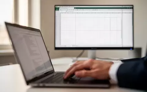 Ein professioneller Arbeitsplatz mit einem Laptop und einem Monitor, auf dem ein leeres Tabellenkalkulationsgitter zu sehen ist. - Foto: über boerse-global.de