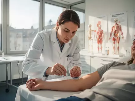 Ein Arzt führt in einem modernen Schweizer Universitätsklinikum eine Akupunkturbehandlung durch. - Foto: über boerse-global.de