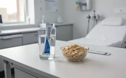 Ein Glas Wasser und eine Schale Haferbrei auf einem sterilen medizinischen Untersuchungstisch. - Foto: über boerse-global.de