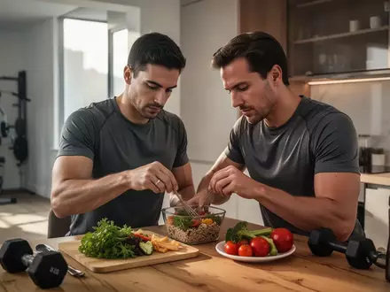 Ein Sportler bereitet in einer hellen Küche eine nährstoffreiche Mahlzeit zur Unterstützung des Muskelaufbaus zu. - Foto: über boerse-global.de