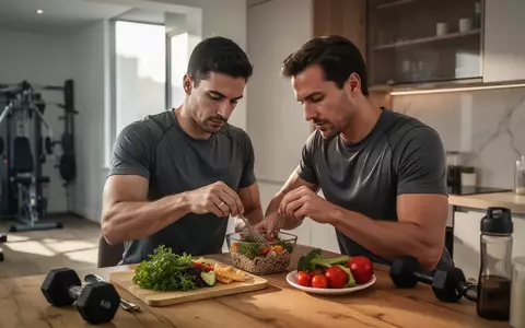 Ein Sportler bereitet in einer hellen Küche eine nährstoffreiche Mahlzeit zur Unterstützung des Muskelaufbaus zu. - Foto: über boerse-global.de