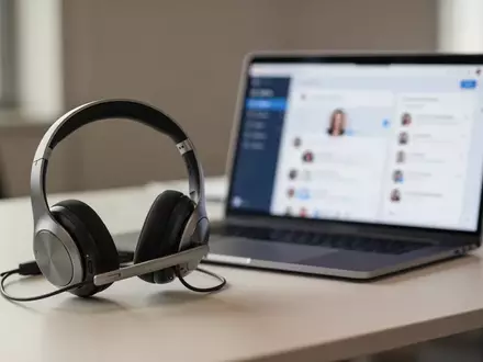 Ein professionelles Headset auf einem modernen Schreibtisch neben einem Laptop in einem hellen Büro. - Foto: über boerse-global.de
