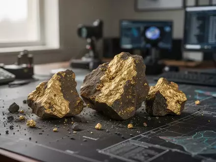 Rohe Golderzstücke auf einem Arbeitstisch im Büro eines Bergbauunternehmens. - Foto: über boerse-global.de
