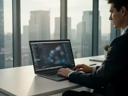 Ein moderner, minimalistischer Büroarbeitsplatz in einem Hochhaus mit einem Laptop vor einem Fenster bei Tageslicht. - Foto: über boerse-global.de