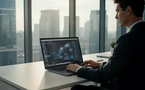 Ein moderner, minimalistischer Büroarbeitsplatz in einem Hochhaus mit einem Laptop vor einem Fenster bei Tageslicht. - Foto: über boerse-global.de