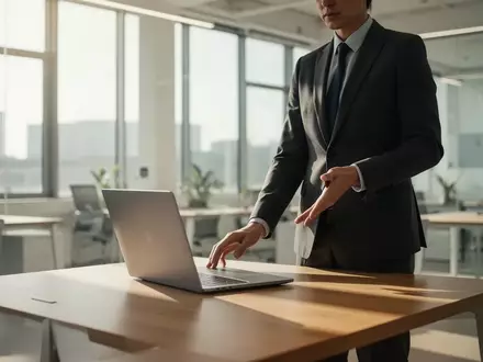Eine Person arbeitet in einem modernen, hellen Büro an einem Laptop, umgeben von einer minimalistischen Arbeitsumgebung. - Foto: über boerse-global.de