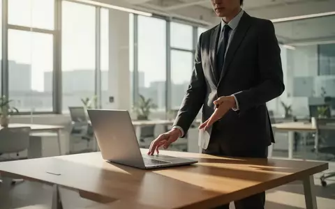 Eine Person arbeitet in einem modernen, hellen Büro an einem Laptop, umgeben von einer minimalistischen Arbeitsumgebung. - Foto: über boerse-global.de