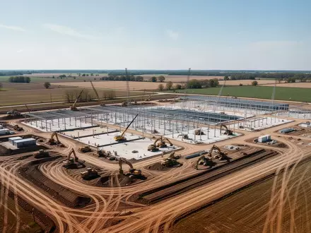 Weitläufige Baustelle eines Rechenzentrums in einer ländlichen Region mit schwerem Gerät und Erdarbeiten. - Foto: über boerse-global.de