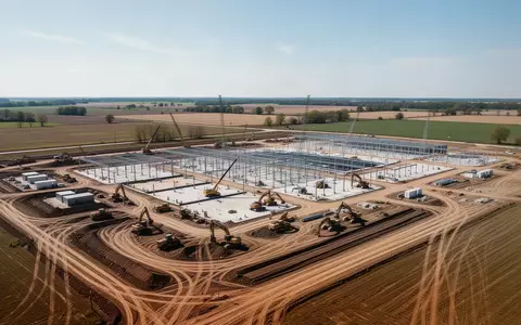 Weitläufige Baustelle eines Rechenzentrums in einer ländlichen Region mit schwerem Gerät und Erdarbeiten. - Foto: über boerse-global.de