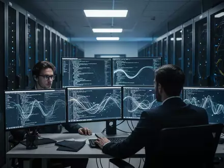 Ein Cybersecurity-Experte arbeitet in einem modern beleuchteten Serverraum an der Analyse von Netzwerksicherheitsdaten. - Foto: über boerse-global.de