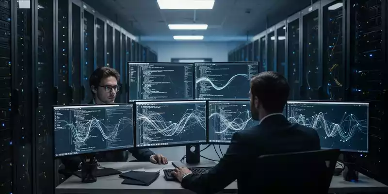 Ein Cybersecurity-Experte arbeitet in einem modern beleuchteten Serverraum an der Analyse von Netzwerksicherheitsdaten. - Foto: über boerse-global.de