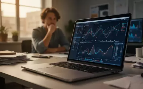 Ein moderner, leicht unaufgeräumter Schreibtisch mit einem Laptop, der abstrakte Daten anzeigt, in natürlichem Licht. - Foto: über boerse-global.de