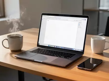 Ein moderner, heller Büroarbeitsplatz mit einem geöffneten Laptop auf einem Holztisch bei Tageslicht. - Foto: über boerse-global.de