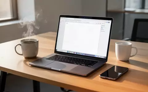 Ein moderner, heller Büroarbeitsplatz mit einem geöffneten Laptop auf einem Holztisch bei Tageslicht. - Foto: über boerse-global.de