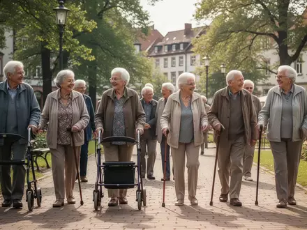 Eine Gruppe fröhlicher Senioren, teilweise mit Rollatoren, bei einem gemeinsamen Spaziergang in einem Park. - Foto: über boerse-global.de