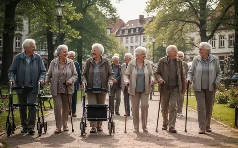 Eine Gruppe fröhlicher Senioren, teilweise mit Rollatoren, bei einem gemeinsamen Spaziergang in einem Park. - Foto: über boerse-global.de
