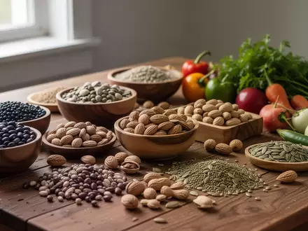 Nahaufnahme einer Auswahl proteinreicher Lebensmittel wie Hülsenfrüchte, Nüsse und Gemüse auf einem Holztisch. - Foto: über boerse-global.de