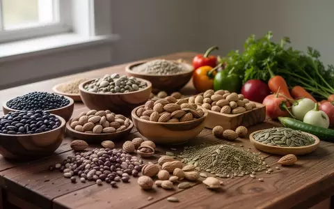 Nahaufnahme einer Auswahl proteinreicher Lebensmittel wie Hülsenfrüchte, Nüsse und Gemüse auf einem Holztisch. - Foto: über boerse-global.de