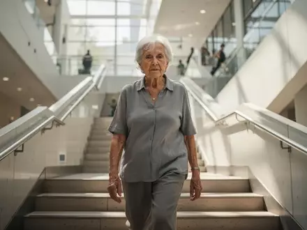 Eine ältere Person geht entspannt eine moderne Treppe in einem hellen, lichtdurchfluteten Gebäude hinauf. - Foto: über boerse-global.de
