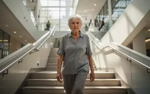 Eine Ă€ltere Person geht entspannt eine moderne Treppe in einem hellen, lichtdurchfluteten GebĂ€ude hinauf. - Foto: ĂŒber boerse-global.de