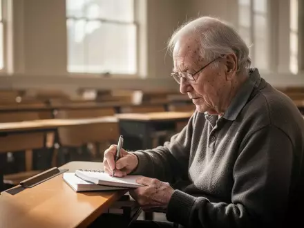 Ein älterer Mensch sitzt konzentriert in einem sonnendurchfluteten Hörsaal und notiert sich Inhalte in ein Notizbuch. - Foto: über boerse-global.de