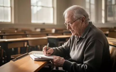 Ein älterer Mensch sitzt konzentriert in einem sonnendurchfluteten Hörsaal und notiert sich Inhalte in ein Notizbuch. - Foto: über boerse-global.de