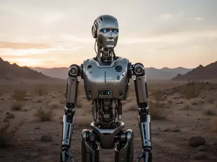 Ein humanoider Roboter steht in einer rauen Wüstenlandschaft und demonstriert moderne Feldtest-Technologie. - Foto: über boerse-global.de