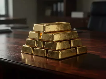 Gestapelte Goldbarren auf einem dunklen Holztisch in einer professionellen Büroumgebung. - Foto: über boerse-global.de