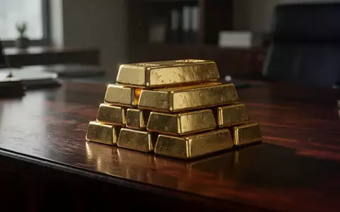 Gestapelte Goldbarren auf einem dunklen Holztisch in einer professionellen Büroumgebung. - Foto: über boerse-global.de