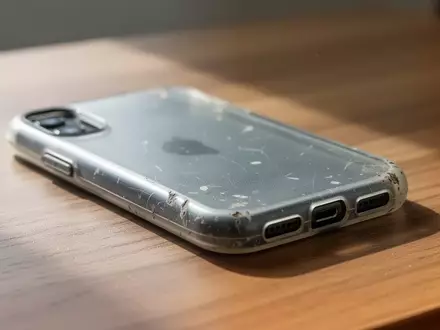 Nahaufnahme einer billigen Kunststoff-Smartphone-Hülle auf einem Holztisch bei natürlichem Licht. - Foto: über boerse-global.de