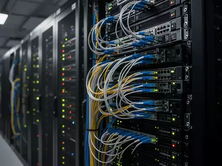 Ein Serverraum mit leuchtenden Hardware-Komponenten und Datenkabeln in einem professionellen Rechenzentrum. - Foto: über boerse-global.de