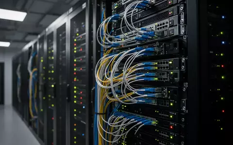 Ein Serverraum mit leuchtenden Hardware-Komponenten und Datenkabeln in einem professionellen Rechenzentrum. - Foto: über boerse-global.de