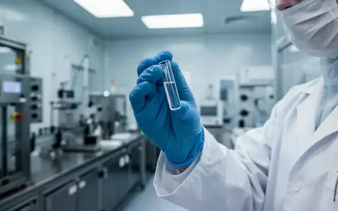 Wissenschaftler in einem sterilen Labor bei der Untersuchung eines pharmazeutischen Wirkstoffs in einem gläsernen Fläschchen. - Foto: über boerse-global.de