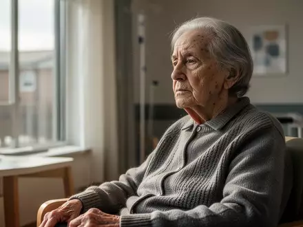 Ein älterer Mensch blickt nachdenklich aus dem Fenster eines hellen, modern eingerichteten Pflegezimmers. - Foto: über boerse-global.de