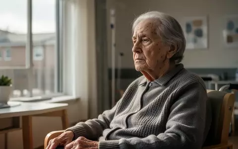Ein älterer Mensch blickt nachdenklich aus dem Fenster eines hellen, modern eingerichteten Pflegezimmers. - Foto: über boerse-global.de