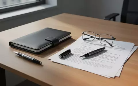 Schreibtisch mit einem Notizbuch, einem Füllfederhalter und einer Brille auf einem Dokument bei natürlichem Tageslicht. - Foto: über boerse-global.de